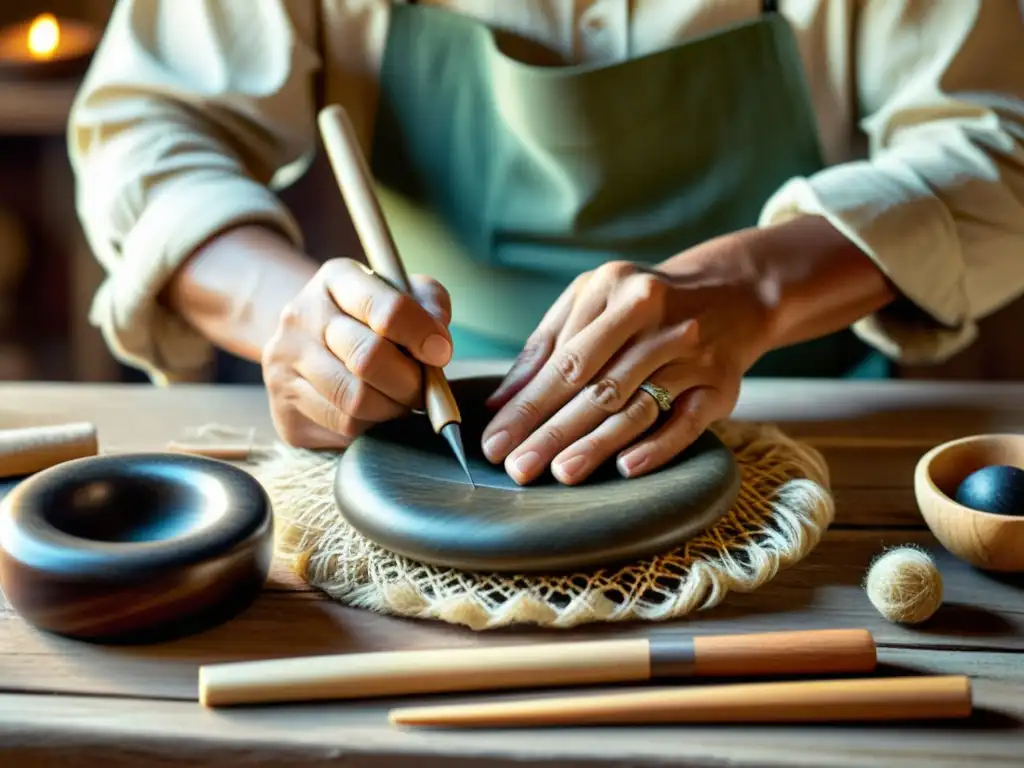 Un hábil artesano crea un objeto a mano rodeado de materiales naturales, transmitiendo un sentido de artesanía tradicional y armonía ambiental