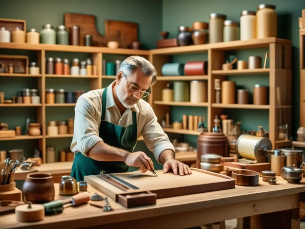 Un hábil artesano crea una obra de arte digital en un banco de trabajo de madera, rodeado de herramientas y materiales vintage