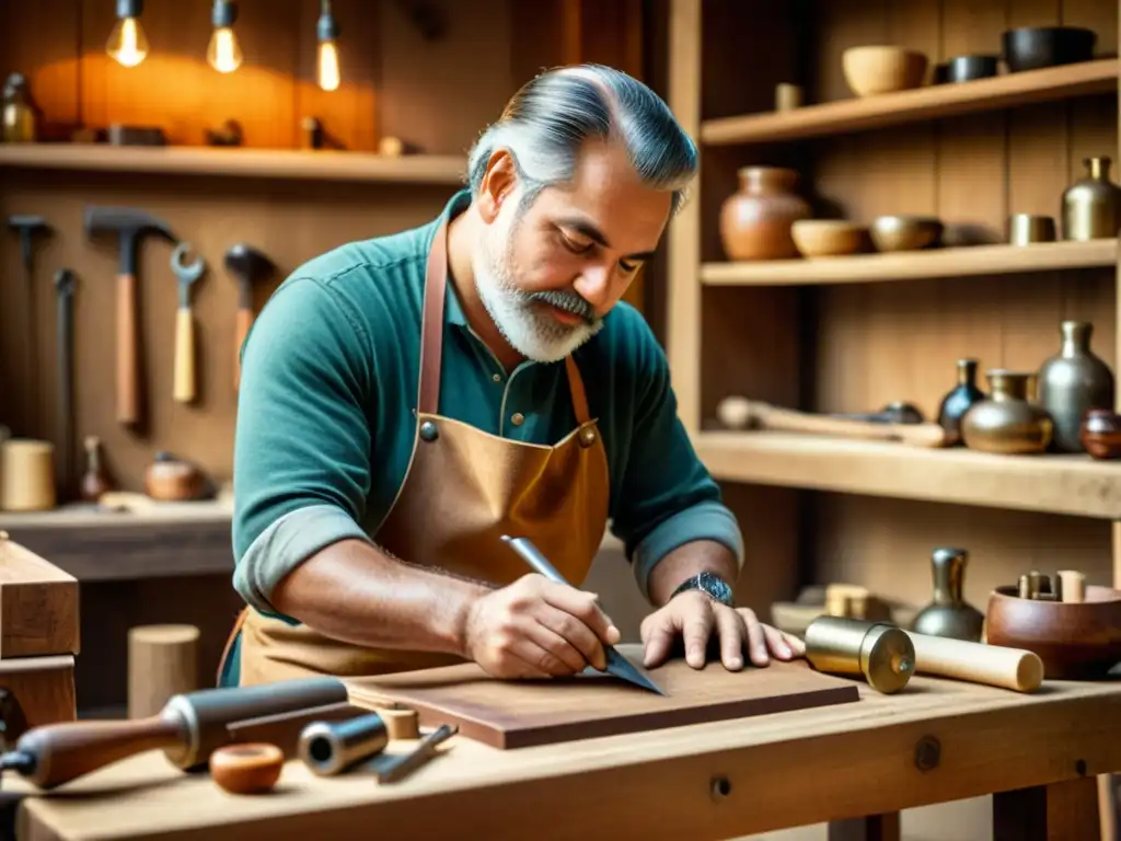 Un hábil artesano crea una obra de arte a mano en un banco de trabajo de madera, rodeado de herramientas vintage