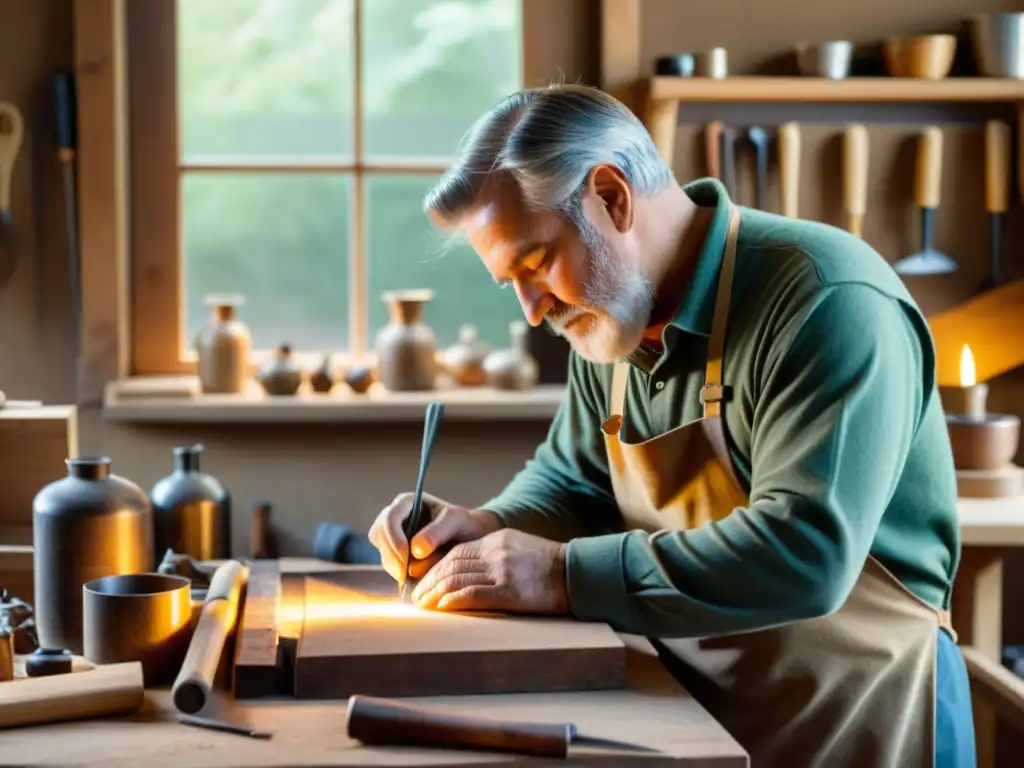 Un hábil artesano crea una obra rodeado de herramientas y materiales en un taller rústico