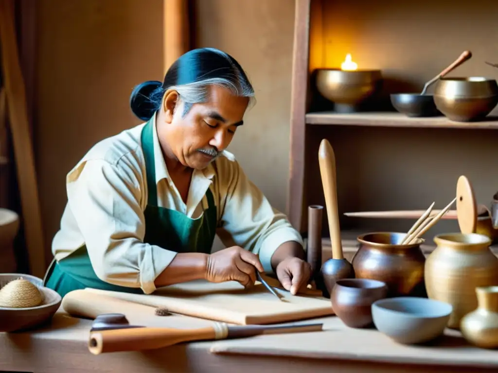 Un hábil artesano trabaja en su oficio rodeado de herramientas y materiales tradicionales