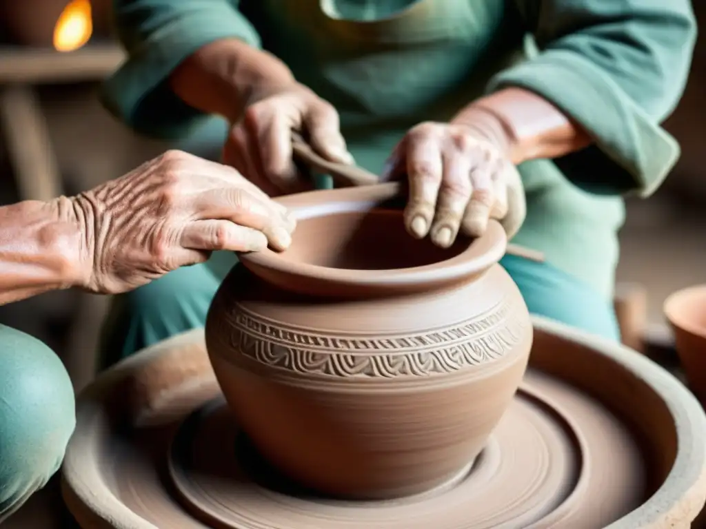 Un hábil artesano moldea una olla de barro en un torno, mostrando la alfarería tradicional en comunidades afectadas