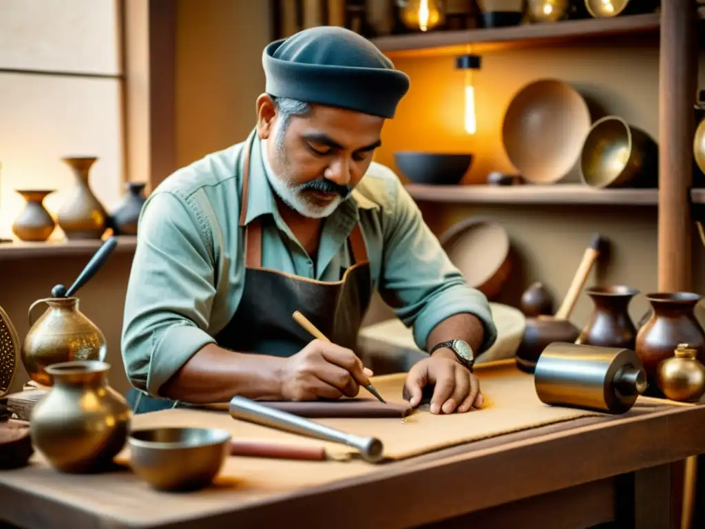 Un hábil artesano trabaja con pasión rodeado de herramientas tradicionales, exudando artesanía atemporal y dedicación