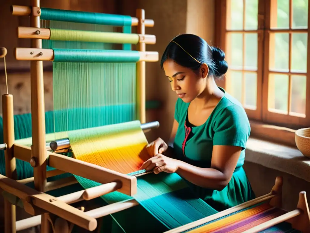 Un hábil artesano teje un patrón colorido en un telar de madera, rodeado de hilos vibrantes, en un ambiente nostálgico y artesanal