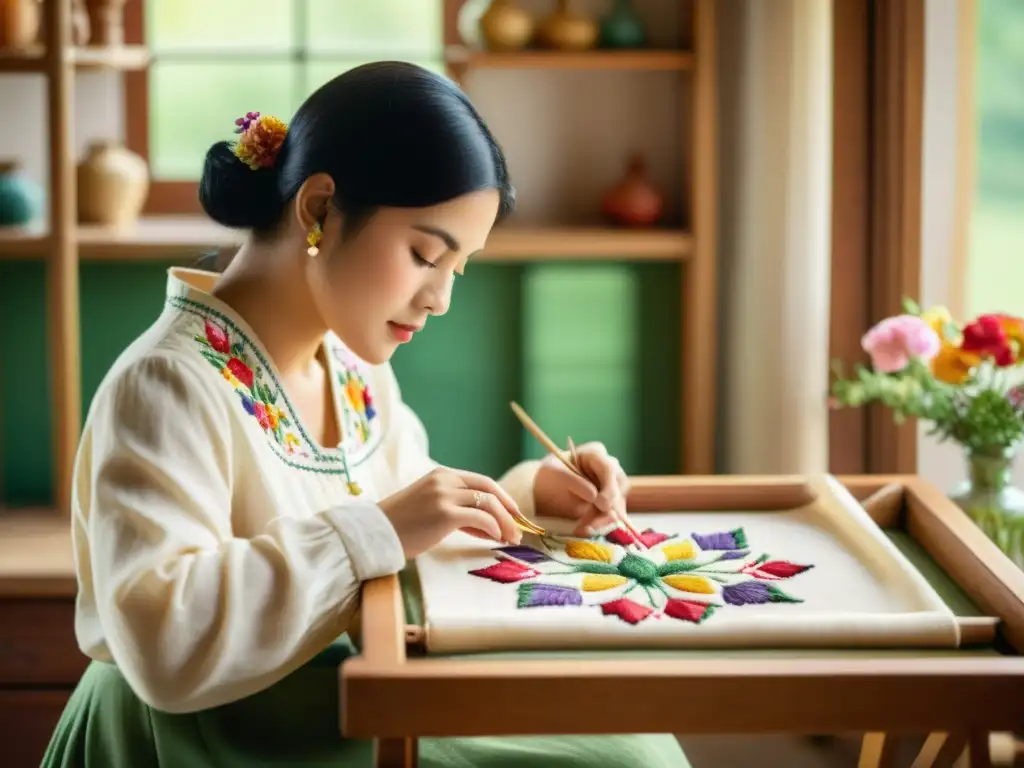 Un hábil artesano borda delicadamente un patrón floral colorido en un marco de bordado de madera