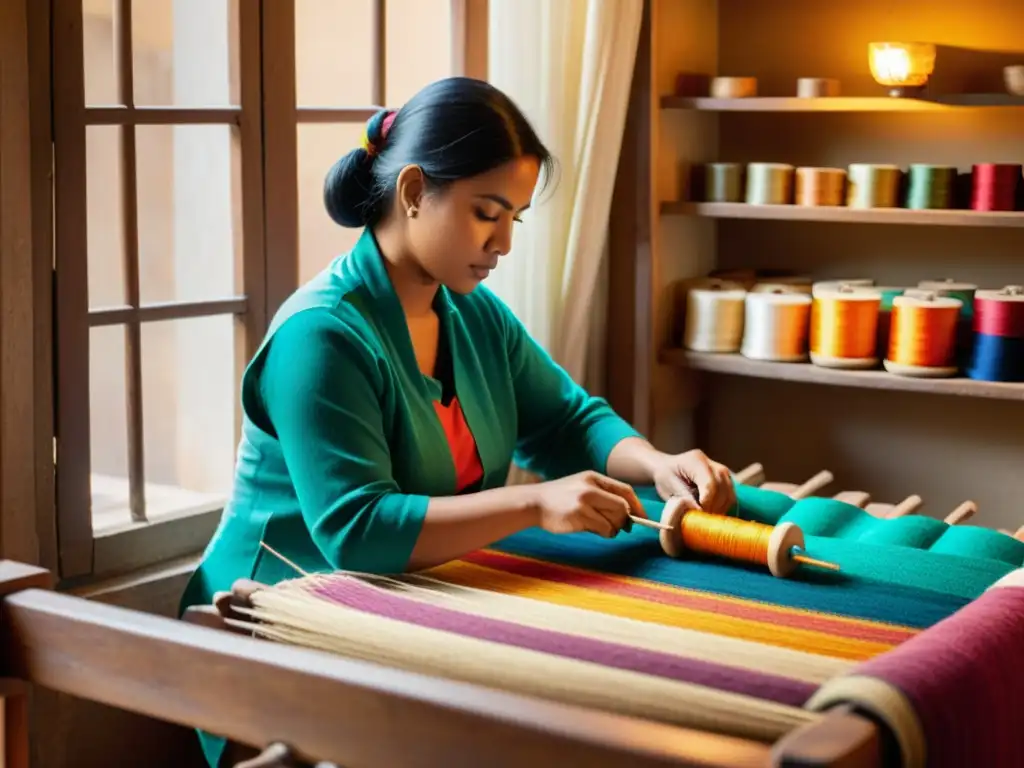 Un hábil artesano teje patrones intrincados en un textil tradicional, rodeado de hilos y herramientas, bajo la cálida luz natural