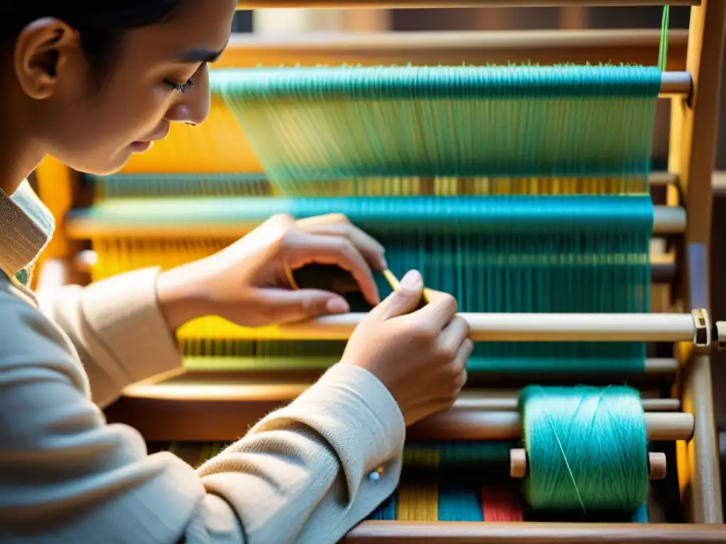 Un hábil artesano teje patrones intrincados en un telar de madera vintage, rodeado de hilos de colores