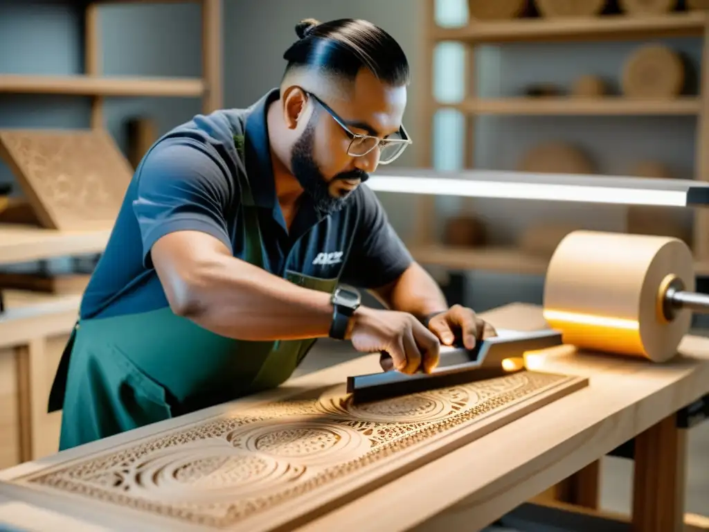 Artesanía tradicional y tecnología moderna en armonía eco-sostenible Un hábil artesano talla patrones en madera mientras una máquina de manufactura digital corta materiales ecológicos