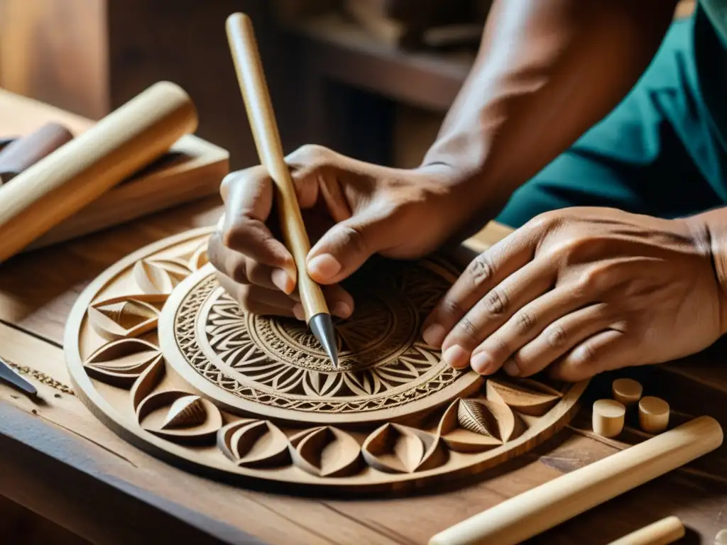 Un hábil artesano talla patrones en madera rodeado de herramientas hechas a mano