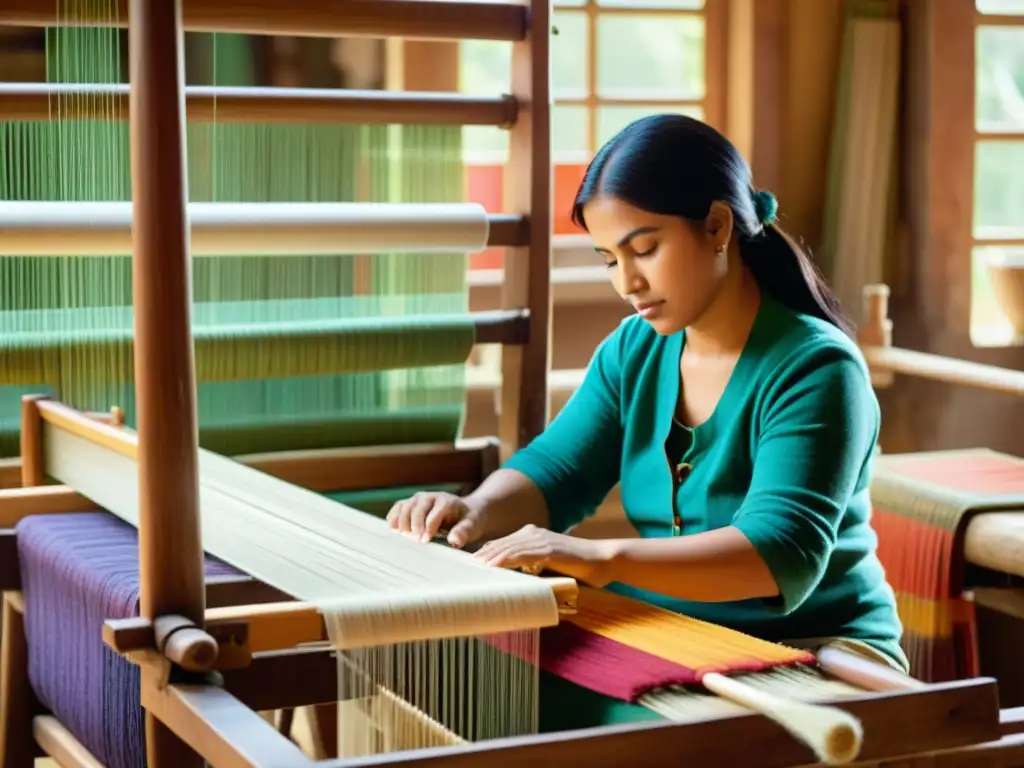 Un hábil artesano teje patrones en un telar tradicional, preservando tradiciones artesanales digitales con colores vibrantes y un ambiente cálido