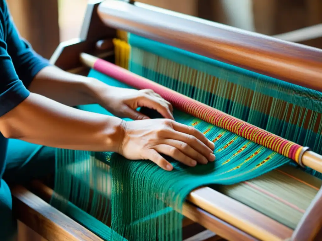 Un hábil artesano teje patrones tradicionales con hilos vibrantes en un telar de madera