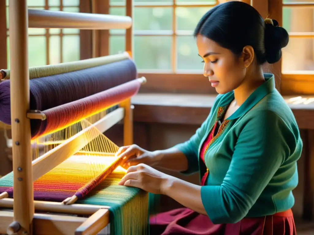 Un hábil artesano teje patrones tradicionales con hilos de colores en un telar de madera, bañado por la cálida luz del sol