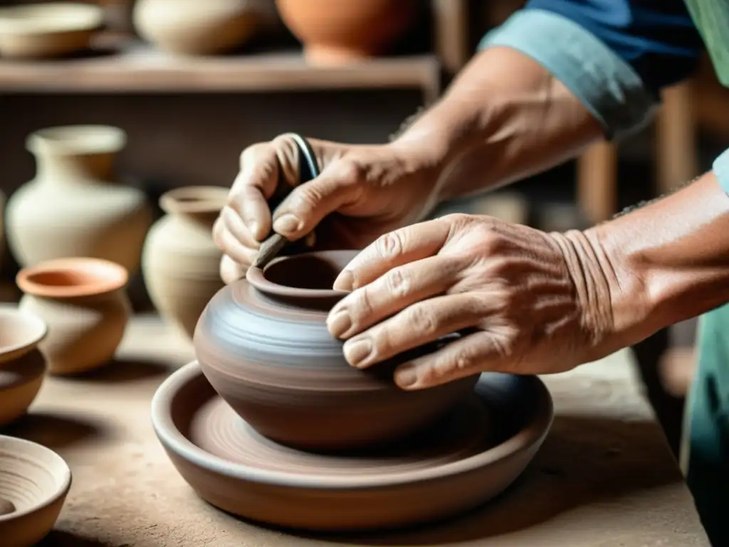 Un hábil artesano modela una pieza de cerámica tradicional en su taller, con una cálida luz natural y herramientas vintage