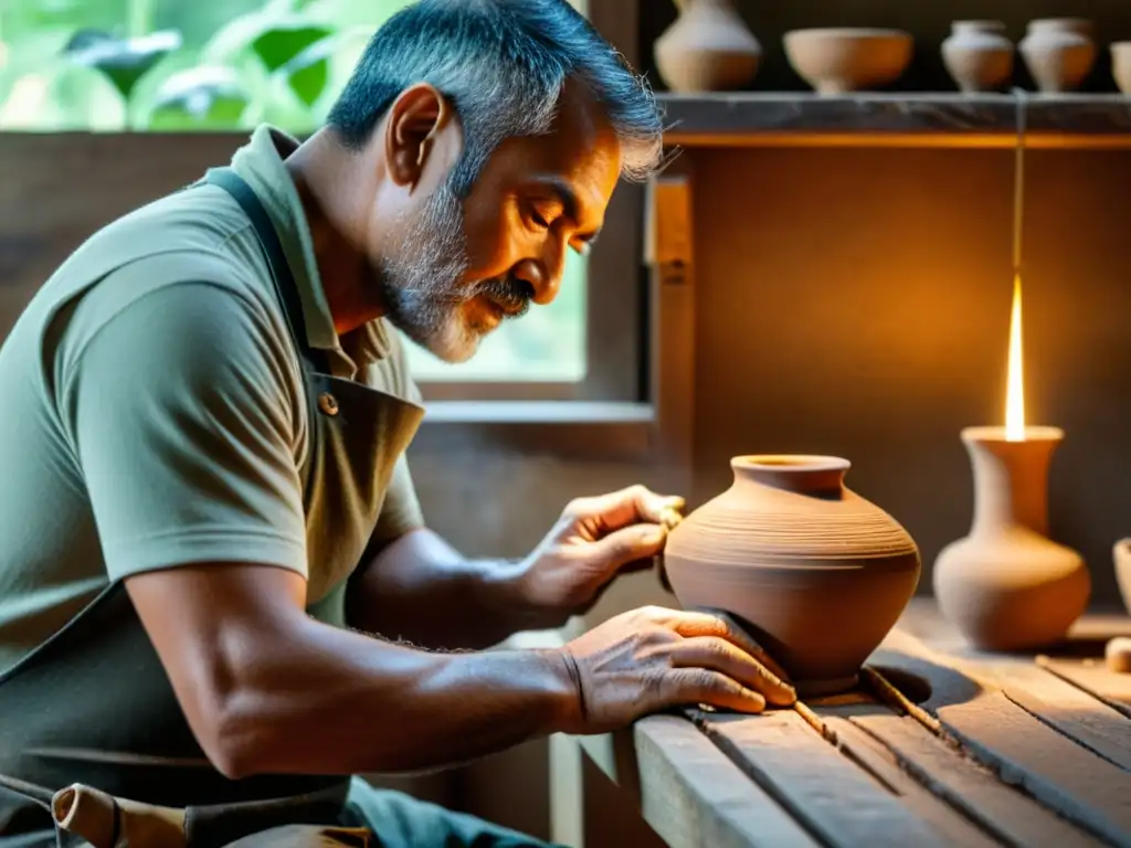 Un hábil artesano crea una pieza de cerámica en un taller de ambiente cálido