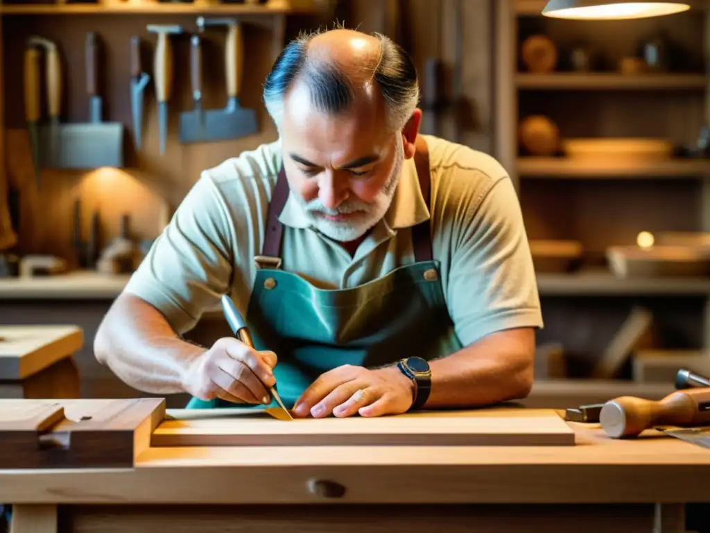 Un hábil artesano trabaja meticulosamente en una pieza de mobiliario de madera en un taller lleno de herramientas de carpintería tradicionales