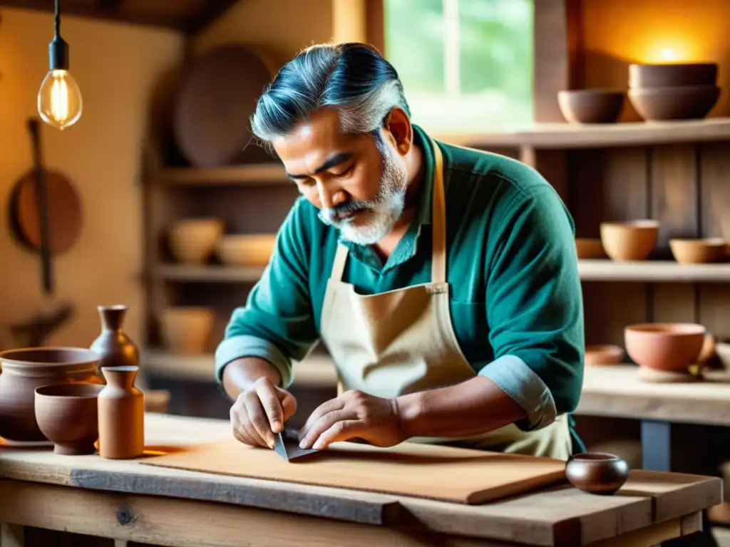 Un hábil artesano crea una pieza única en su taller, evocando autenticidad y destreza artesanal