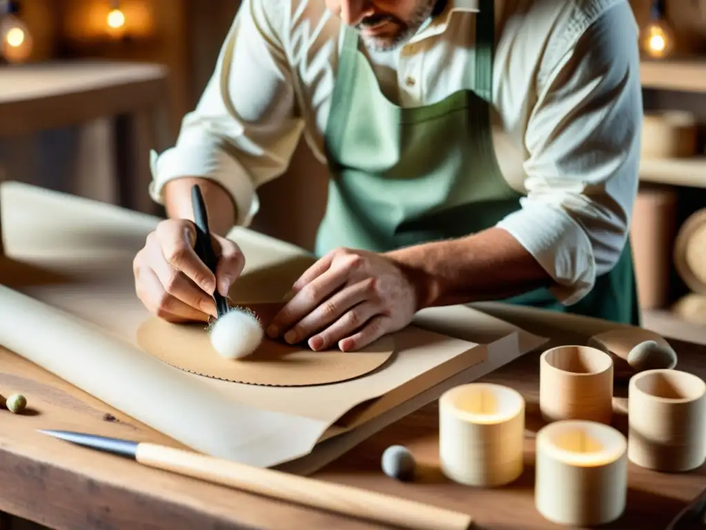 Un hábil artesano crea una pieza única rodeado de materiales sostenibles, destacando la conexión entre la artesanía y la sostenibilidad