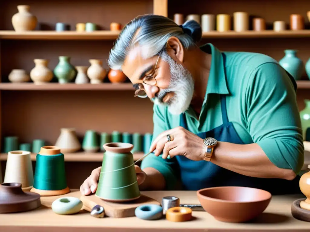 Un hábil artesano diseñando piezas de cerámica en un taller nostálgico, con software revolucionando diseño artesanal