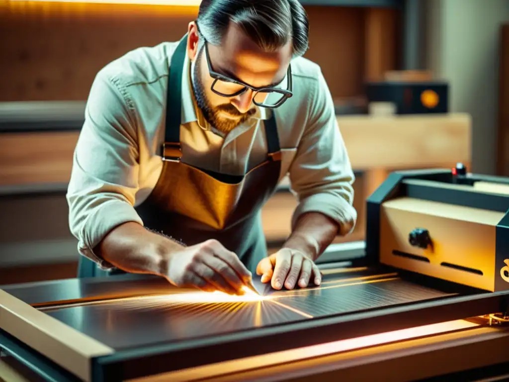 Un hábil artesano opera con precisión un cortador láser, fusionando tradición y tecnología en su taller