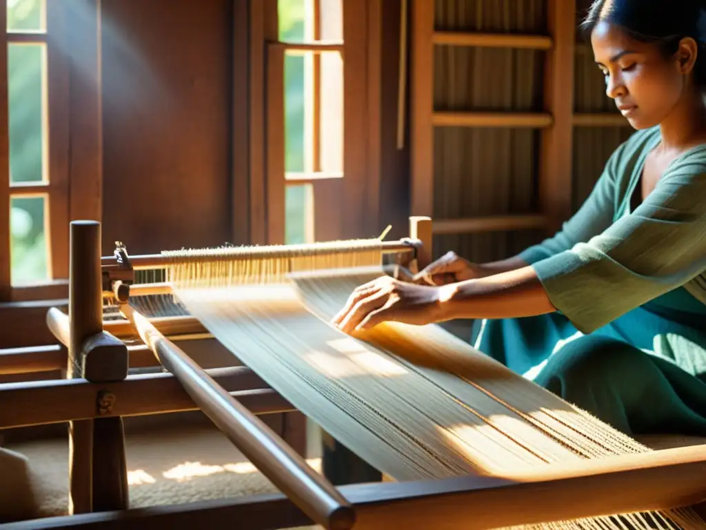 Un hábil artesano teje con precisión en un telar de madera, fusionando la tecnología en el tejido artesanal