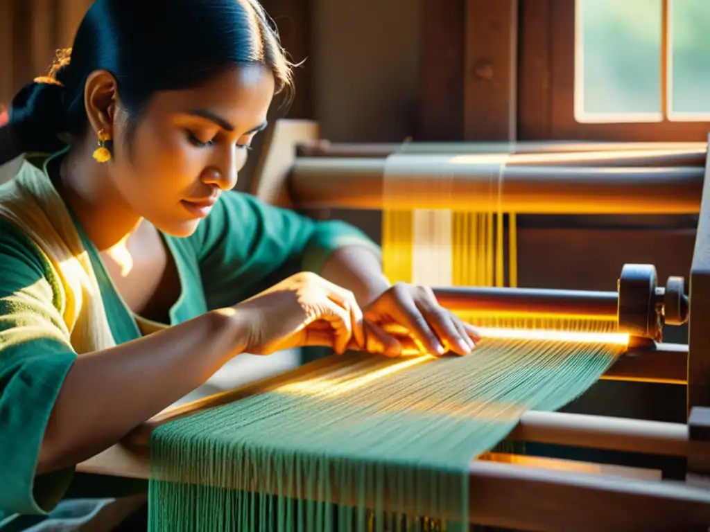 Un hábil artesano teje con precisión en un telar de madera, preservación de técnicas textiles tradicionales con realidad aumentada