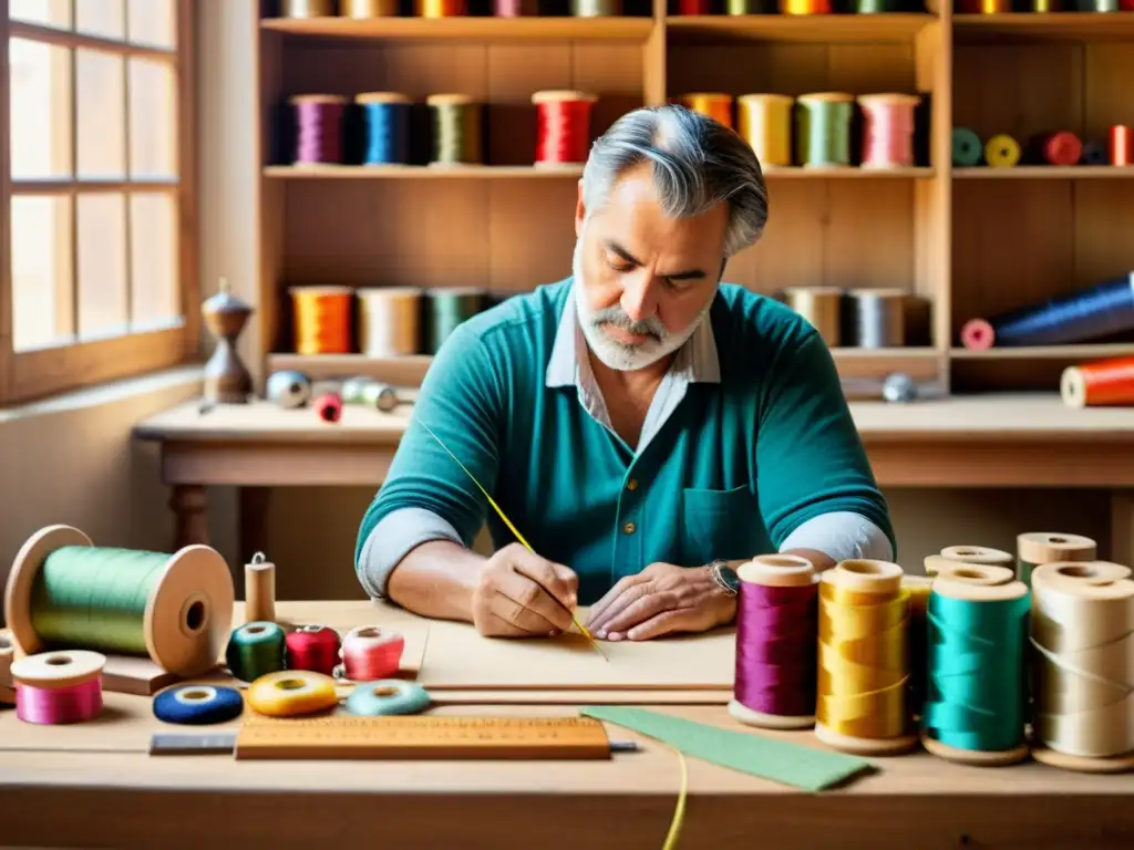 Un hábil artesano confeccionando una prenda tradicional en un taller, rodeado de herramientas y telas coloridas