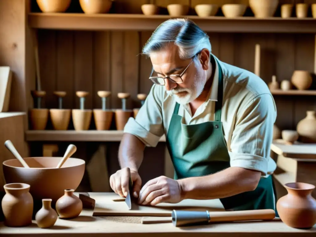 Un hábil artesano elabora un producto artesanal en un taller rústico, con herramientas tradicionales, evocando la marca visual artesanía tradicional