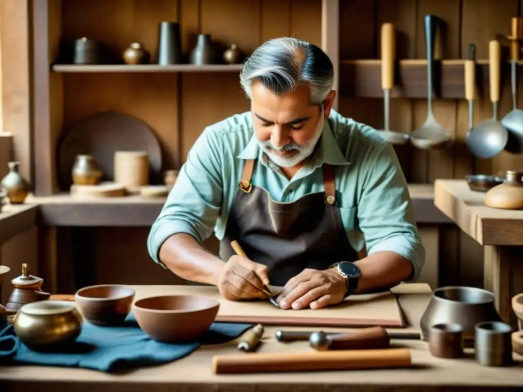 Un hábil artesano crea meticulosamente un producto artesanal en un taller cálido, evocando la artesanía tradicional en la era digital