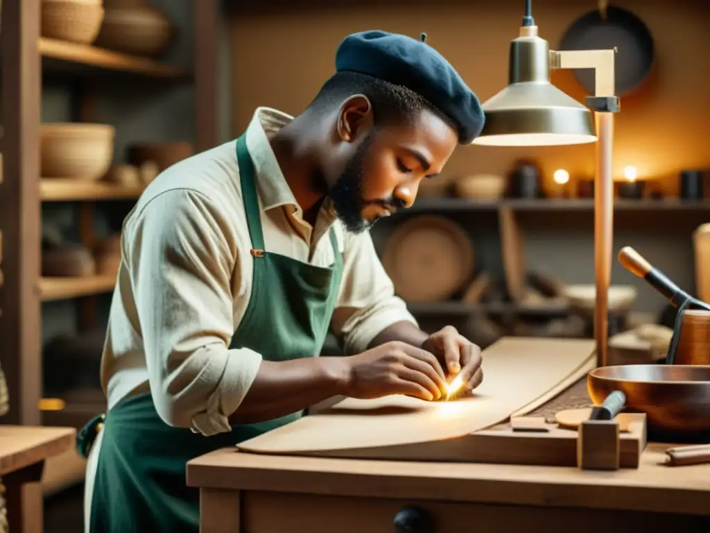 Un hábil artesano crea un producto digital rodeado de materiales sostenibles, evocando una atmósfera nostálgica y cálida