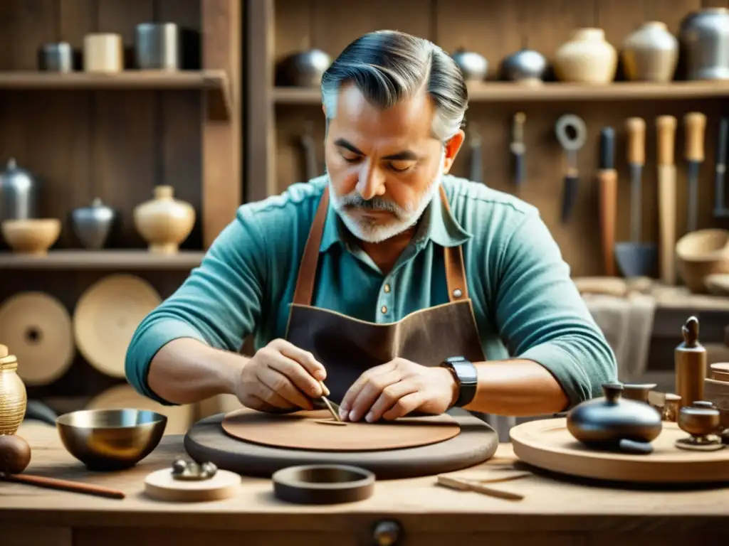 Un hábil artesano elabora un producto tradicional a mano en un taller cálido y acogedor, rodeado de herramientas y materiales