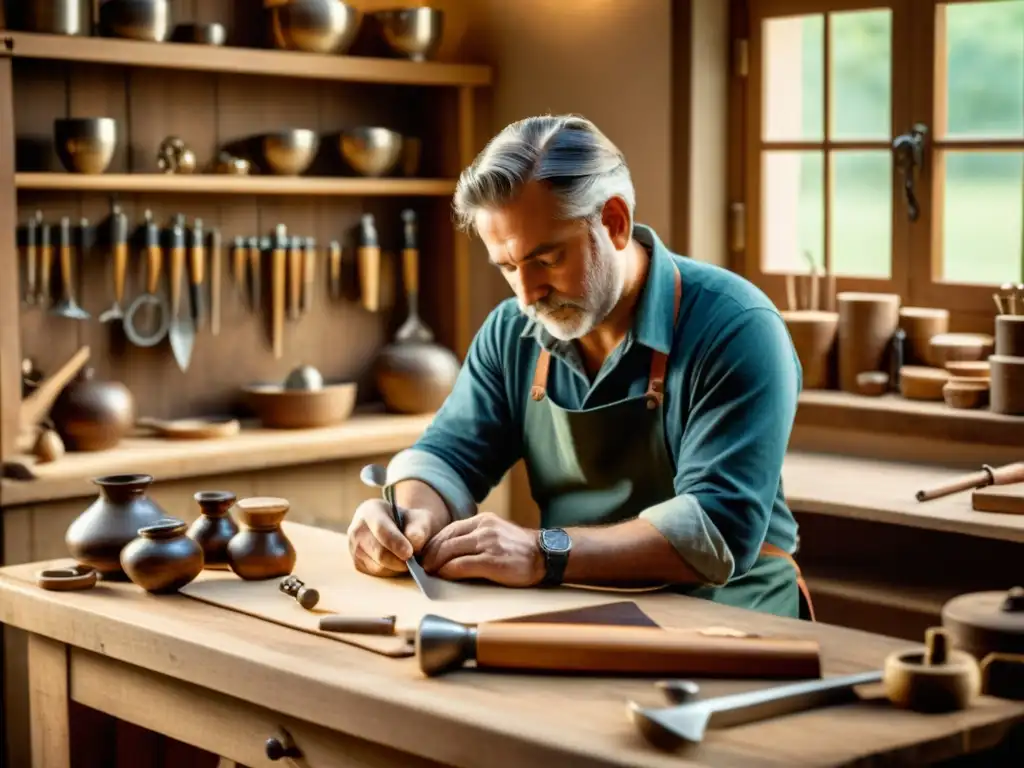Artesano experto creando producto tradicional Un hábil artesano crea productos tradicionales rodeado de herramientas antiguas en un taller acogedor