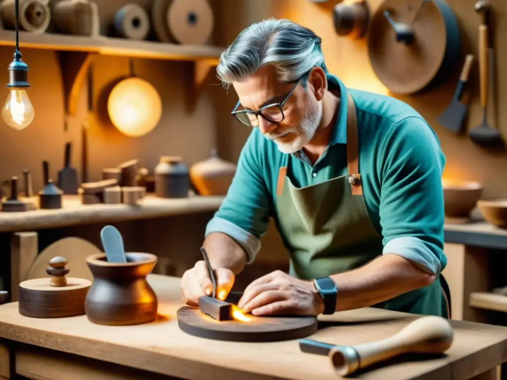 Un hábil artesano utiliza la realidad aumentada para restaurar una artesanía tradicional en un taller nostálgico y lleno de historia