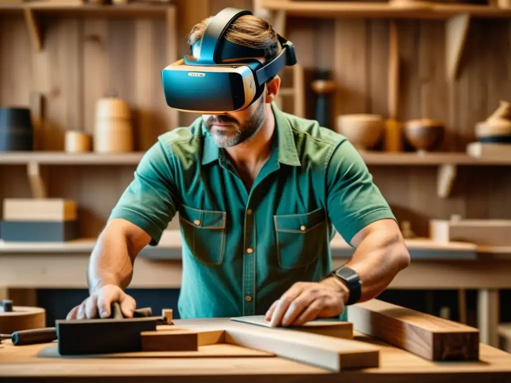 Un hábil artesano utiliza la realidad virtual para esculpir una obra maestra en madera, combinando técnicas tradicionales y modernas