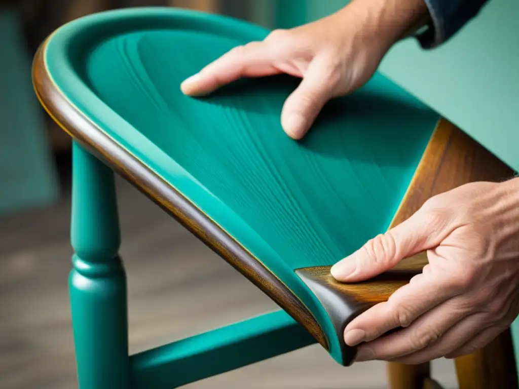 Un hábil artesano transforma una silla de madera antigua con pintura ecológica, fusionando tradición y tecnología en proyectos de upcycling