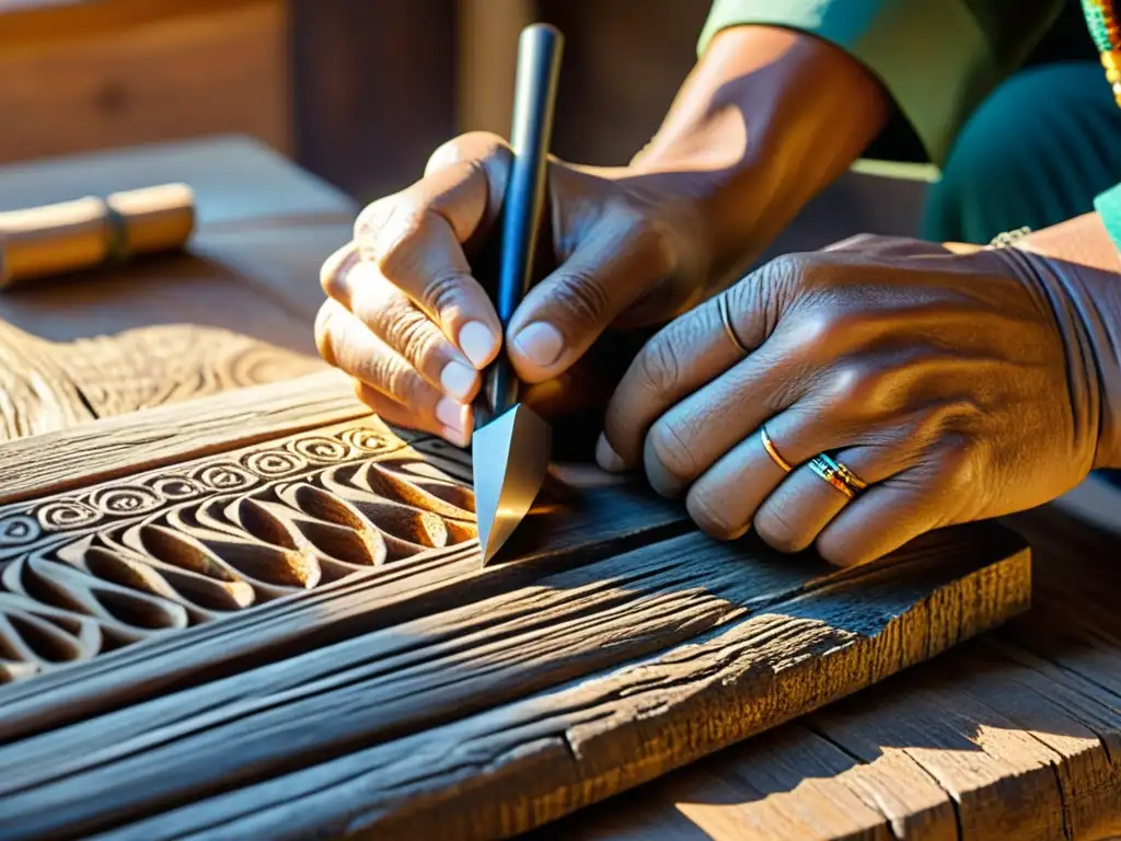 Un hábil artesano talla un símbolo cultural en madera envejecida, destacando la creación de íconos digitales artesanales y su significado cultural