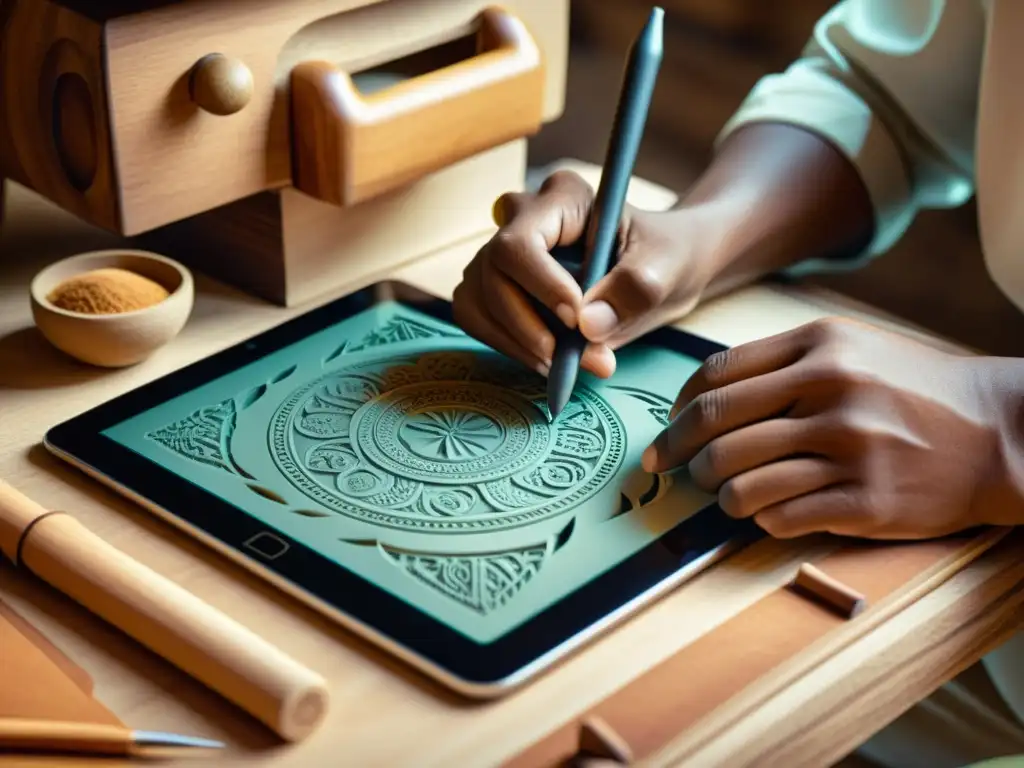 Un hábil artesano fusiona tradición e innovación al tallar símbolos culturales en una tableta, creando íconos digitales artesanales