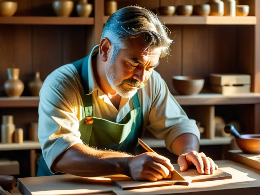 Un hábil artesano talla con cuidado diseños intrincados en madera, iluminado por la cálida luz de la tarde