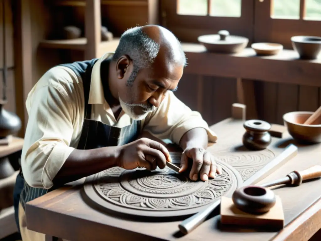 Un hábil artesano talla con cuidado diseños en madera oscura en un banco de trabajo tradicional, rodeado de herramientas meticulosamente organizadas