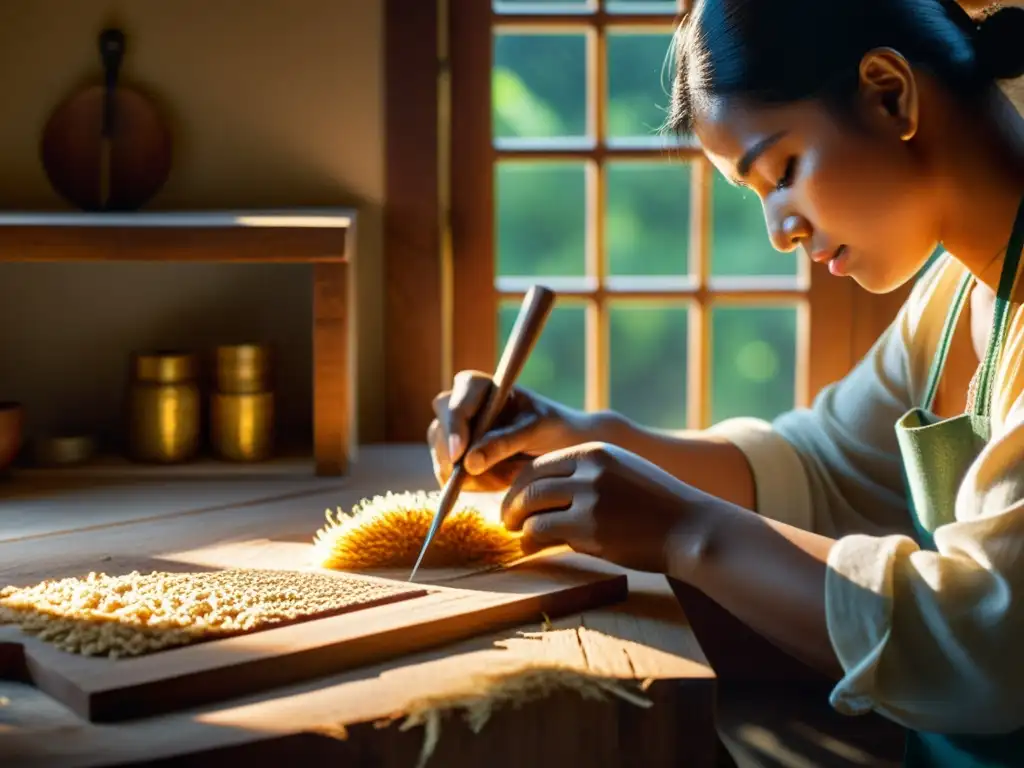 Artesano tallando madera: tradición y destreza Un hábil artesano talla delicadamente madera con herramientas tradicionales, iluminado por cálida luz dorada