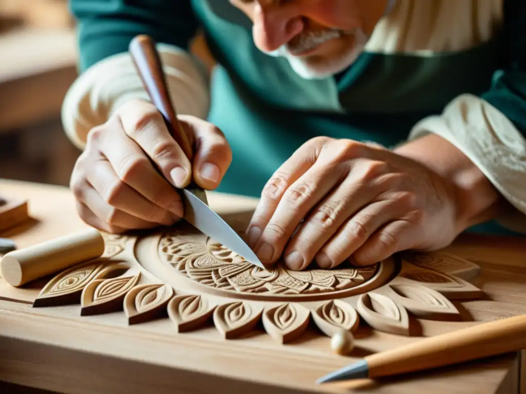 Un hábil artesano talla delicados diseños en madera con herramientas tradicionales, bañado en cálida luz natural