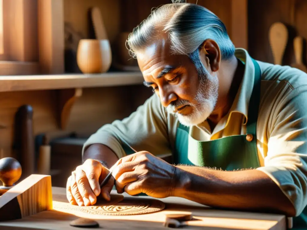 Un hábil artesano talla delicados diseños en madera sostenible, rodeado de herramientas antiguas en un taller iluminado por la cálida luz del sol