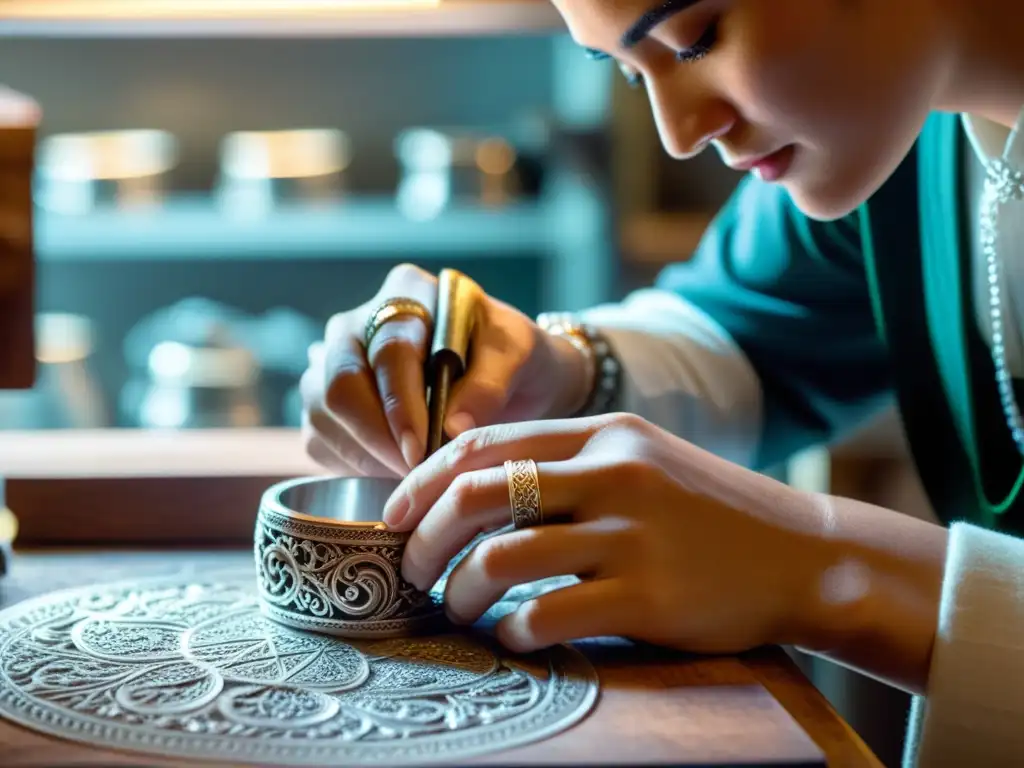 Un hábil artesano talla delicados patrones florales en plata brillante, con luz suave realzando la exquisita artesanía