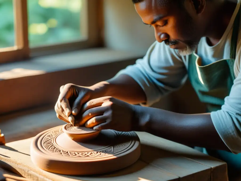 Un hábil artesano talla delicados diseños en cerámica en su taller, iluminado por suave luz de la tarde