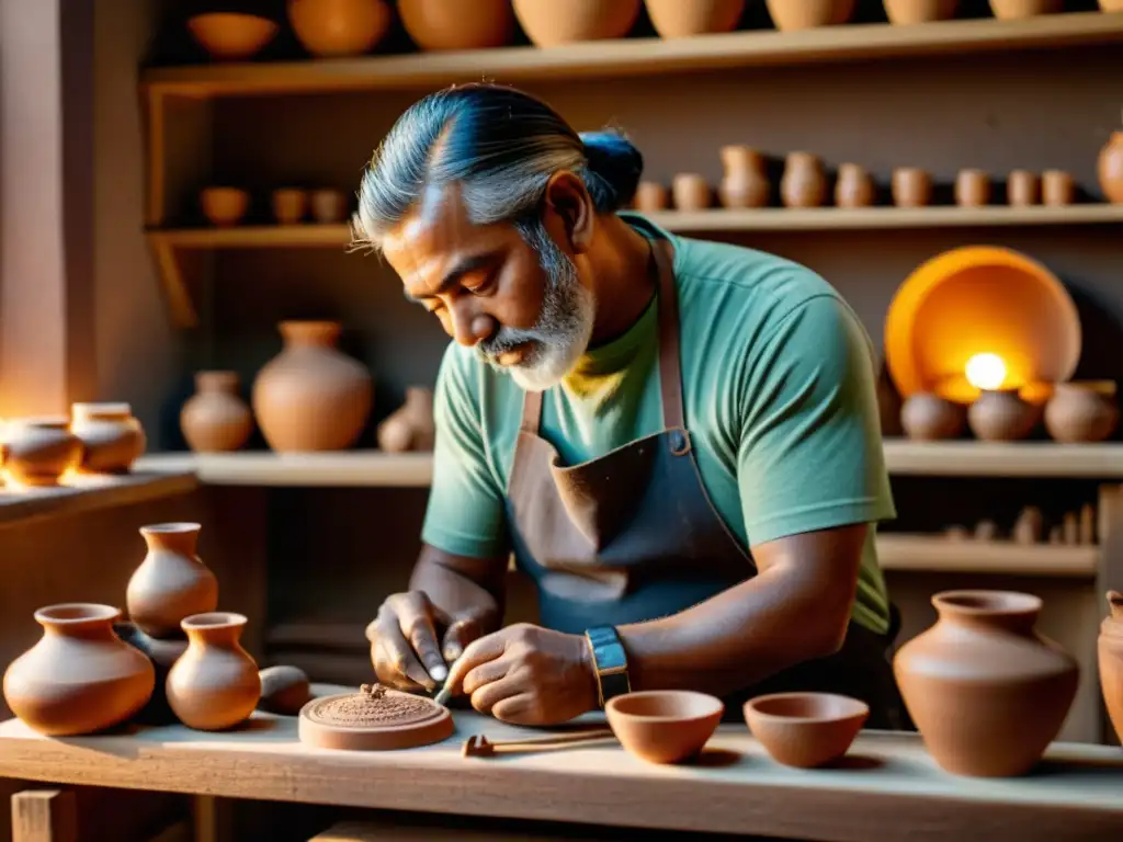 Un hábil artesano talla detalladas figuras en una vasija de barro en un taller tradicional, iluminado por la cálida luz del sol