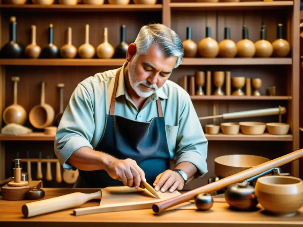 Un hábil artesano talla con precisión diseños en un instrumento musical tradicional, rodeado de herramientas y virutas de madera