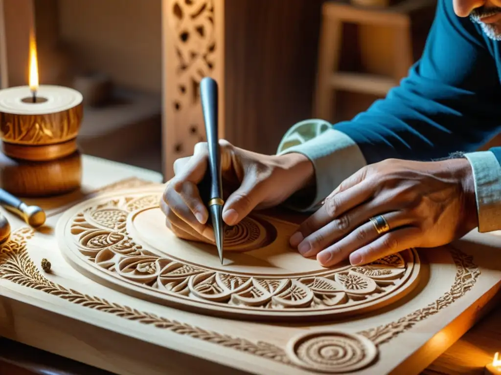 Un hábil artesano talla diseños detallados en madera, rodeado de herramientas tradicionales