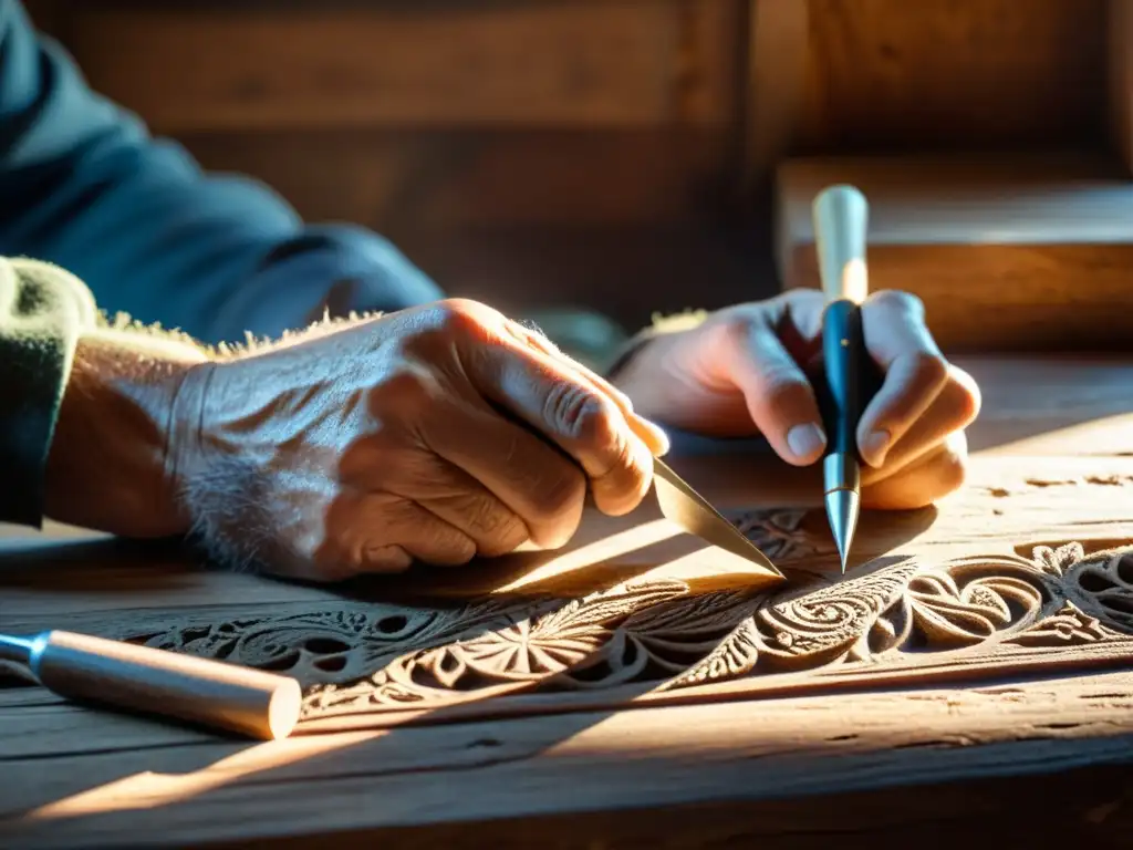 Artesano tallando madera: tradición y destreza Un hábil artesano talla con precisión diseños intrincados en madera envejecida, iluminado por suave luz solar