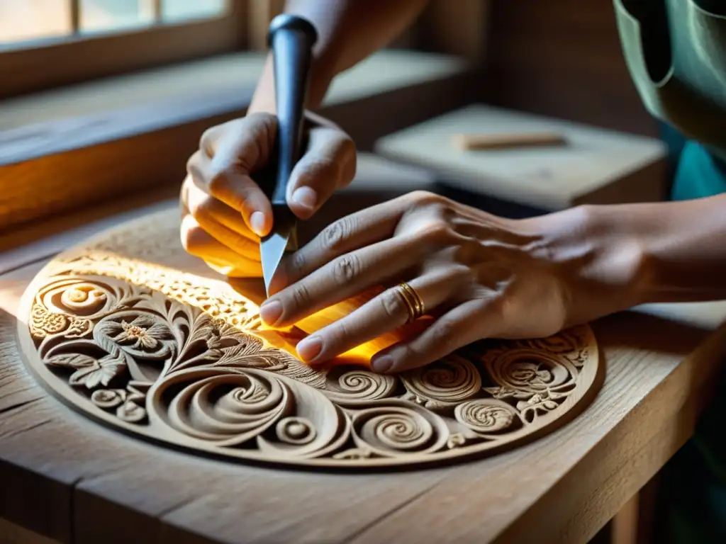 Un hábil artesano talla delicadamente diseños en madera bajo la cálida luz natural