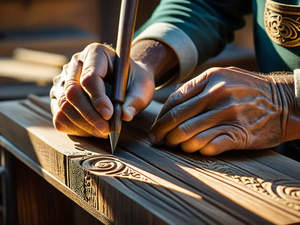 Un hábil artesano talla intrincados diseños en madera envejecida, mostrando la artesanía tradicional con manos expertas