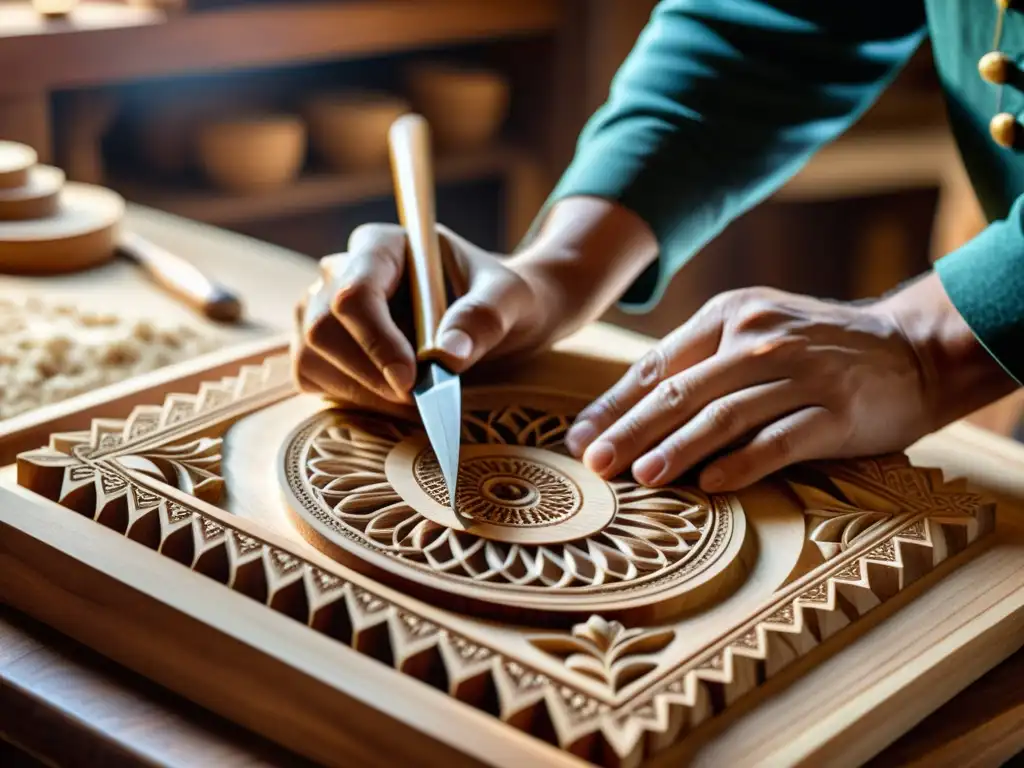 Un hábil artesano talla intrincados diseños en madera, con luz natural iluminando la escena